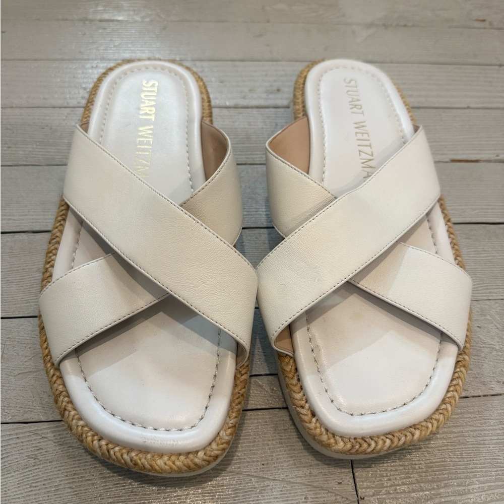 Stuart Weitzman Cream Leather Crossband Espadrille Slide Sandals